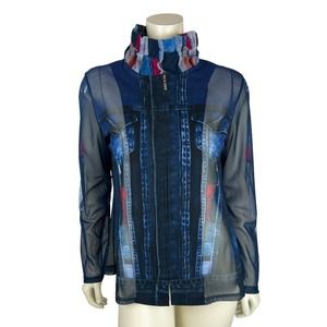 Damee Inc Abstract Print Denim Mesh Jacket Size M Wire Stand Collar Zip Up Blue